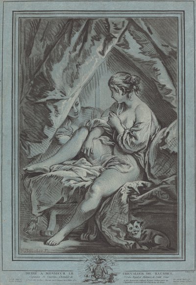 Joven mujer sentada en una cama de Louis Marin Bonnet after François Boucher