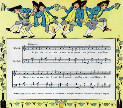 Partitura e ilustración de Louis Maurice Boutet de Monvel de la canción infantil Ragotin de Louis Maurice Boutet de Monvel