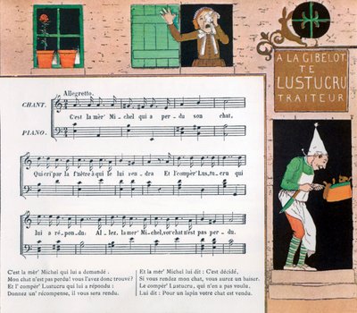 Partitura e ilustración de la canción infantil La mère Michel de Louis Maurice Boutet de Monvel