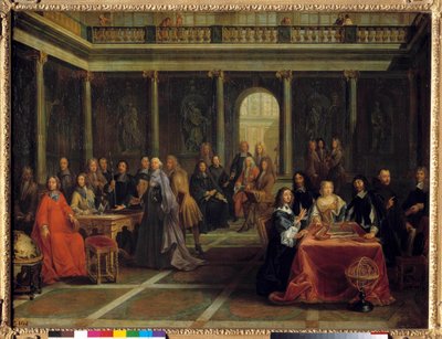 La reina Cristina de Suecia, rodeada por su corte, escuchando al filósofo René Descartes hacer una demostración de geometría de Louis Michel Dumesnil