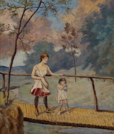 Dos chicas en un puente de troncos de Louis Michel Eilshemius