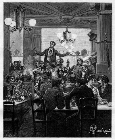 En el medio, sobre una mesa, Desroches dirige el charivari. Escena en un café parisino: la gente canta, bebe, fuma, charla y coquetea alrededor de las mesas. En “Treinta años de París” colección autobiográfica de Alphonse Daudet (1840-1897). Grabado despué de Louis Montegut