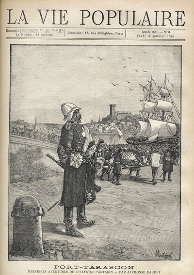 Hombre observando un desfile de la Tarasca en el puerto de la isla de Port Tarascon (Ilustración de Montegut para 