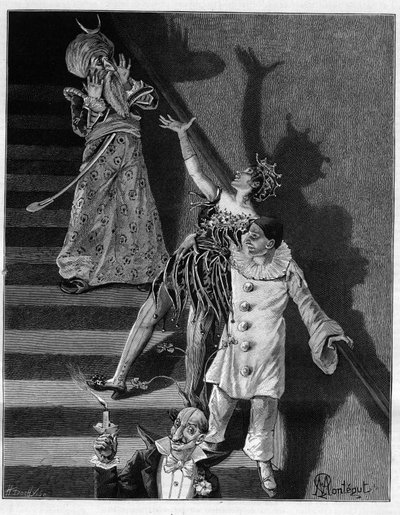En la noche del baile de máscaras, la estrecha escalera del hotel temblaba bajo la frenética degradación o las campanas de un sombrero de locura cada vez. En "Treinta años de París" colección autobiográfica de Alphonse Daudet (1840-1897). Grabado después d de Louis Montegut