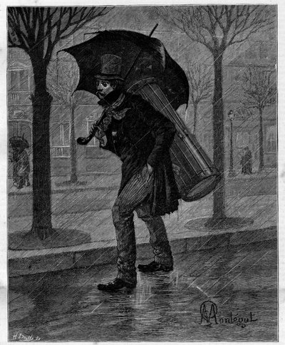¡Mala cosecha! ¡Pobre cigarra mojada! ... Tamborilero en la miseria caminando bajo la lluvia en las calles de París. En "Treinta años de París" colección autobiográfica de Alphonse Daudet (1840-1897). Grabado después de las ilustraciones de Montegut en "Le de Louis Montegut