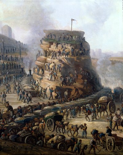 El emperador Napoleón III y la emperatriz Eugenia visitando la colina de Chaillot mientras se nivelaba, 1867 (detalle) de Louis Moullin