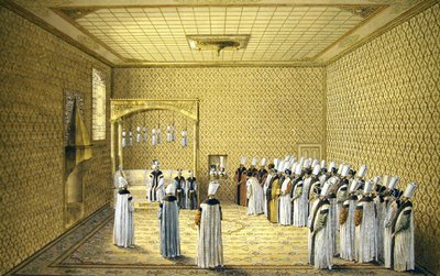 La presentación de un embajador al sultán en el Salón de Peticiones del Palacio de Topkapi, Constantinopla de Louis Nicolas de Lespinasse