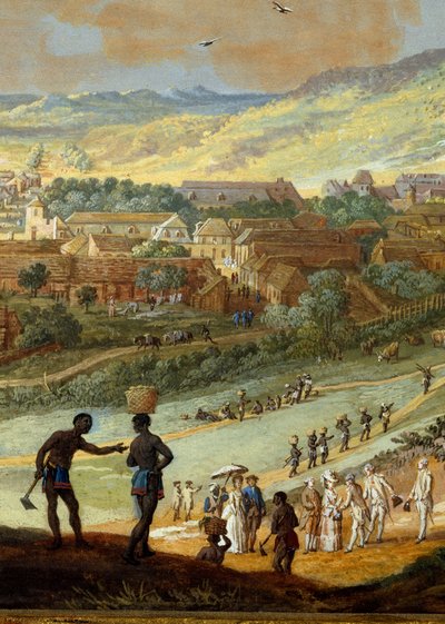 Vista de la ciudad de Cabo Francés (Cap de la République) vista desde la colina en Santo Domingo (detalle) de Louis Nicolas van Blarenberghe