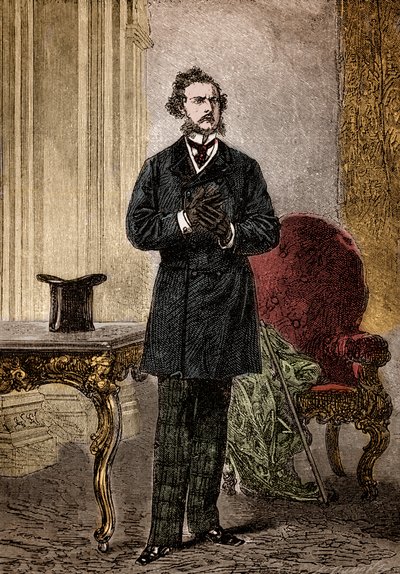 Retrato de Phileas Fogg, personaje de "La vuelta al mundo en ochenta días" novela de aventuras de Julio Verne ilustrada por Louis Paul Pierre Dumont (1822-1882) en 1872 (Phileas Fogg del frontispicio de "La vuelta al mundo en ochenta días" de Julio Verne ( de Louis Paul Pierre Dumont