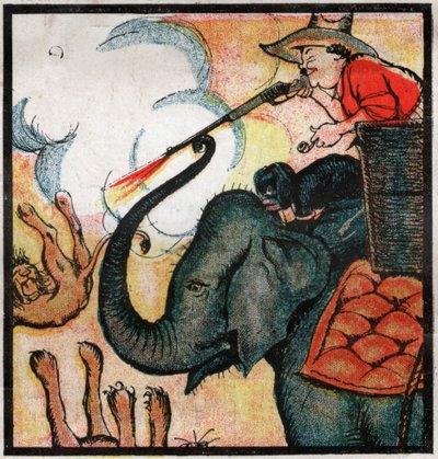 Nestor Fenleroc, colono europeo mata a los leones disparando a un elefante en África. 1923 (grabado) de Louis Peltier