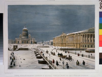 Catedral de San Isaac y Plaza del Senado en San Petersburgo. Dibujo de Louis Pierre Alphonse Bichebois (Louis-Pierre-Alphonse) (1801-1850). Litografía coloreada a la acuarela, de Louis Philippe Alphonse Bichebois