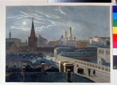 Vista del Kremlin de Moscú. Dibujo de Louis Pierre Alphonse Bichebois (1801-1850). Litografía coloreada a la acuarela, hacia 1830-1840, arte francés, clasicismo. Museo Conmemorativo A. Pushkin, San Petersburgo. ©FineArtImagen de Louis Philippe Alphonse Bichebois