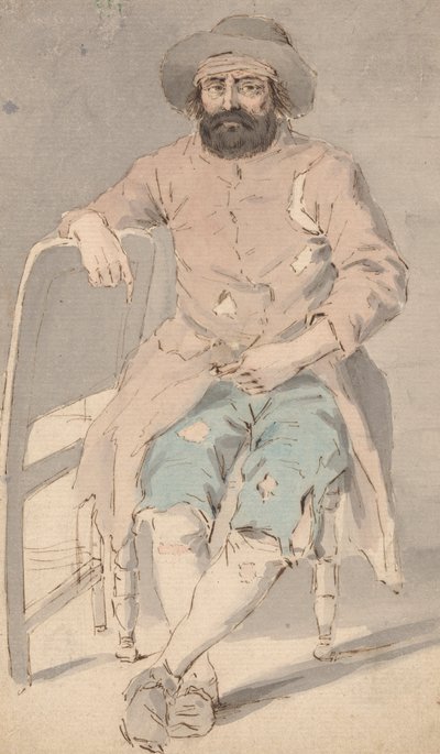 Hombre con ropa harapienta sentado con el brazo derecho sobre otra silla de Louis Philippe Boitard