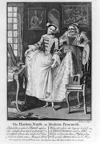 La Enfermera de las Rameras o la Proxeneta Moderna, pub. 1750 (grabado en blanco y negro) de Louis Philippe Boitard