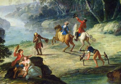 Una caza con halcones (detalle de un jinete y un halconero) de Louis Philippe Crepin