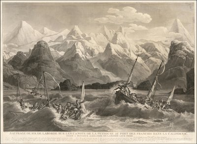 Grabado de 1786 de un naufragio de dos pequeñas embarcaciones que formaban parte de la expedición de La Perouse de Louis Philippe Crepin