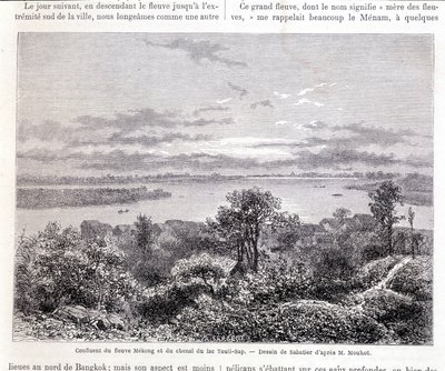 Confluencia del río Mekong y el canal del lago Touli - slap. Dibujo de Sabatier según el Sr. Mouhot. "Tour du monde" de Louis Remy Sabatier
