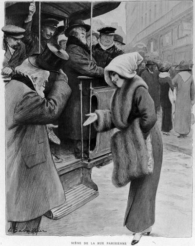 Cortesía: Escena de la calle parisina - Galantería de antaño en el París de hoy. Un anciano y una joven en la parada de autobús. Ilustración de Sabattier. sd. 1910s. de Louis Remy Sabattier