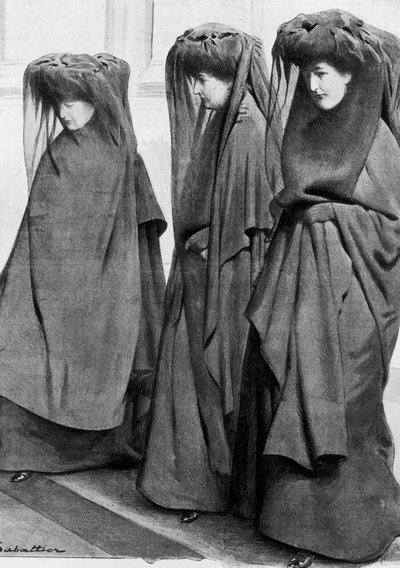 Las princesas Luisa, Estefanía y Clementina de Sajonia Coburgo (Saxe-Cobourg) de luto en el entierro de su padre el rey Leopoldo II de Bélgica (1835-1909) en diciembre de 1909. Ilustración de Louis Remy Sabattier (1863-1935) de Louis Remy Sabattier