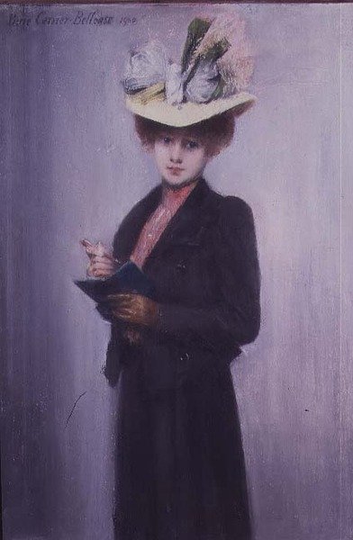 Una dama elegante con un cuaderno azul de Louis Robert Carrier Belleuse