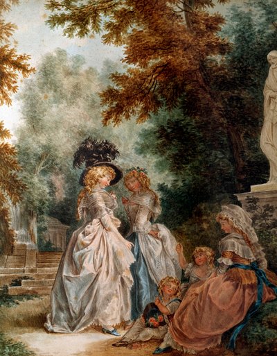 Paseo en el parque. Mujeres jóvenes elegantes durante un momento de relajación en un jardín. Acuarela de Louis Trinquesse (1746-1800). Siglo XVIII. París, Museo Carnavalet de Louis Rolland Trinquesse