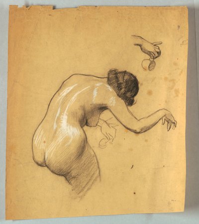 Estudio de figura desnuda inclinada sosteniendo una taza de Louis Schaettle
