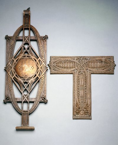 Un balaustre de escalera de hierro fundido con revestimiento de cobre y un panel decorativo de metal con revestimiento de cobre, c.1894 de Louis Sullivan