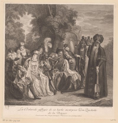 Doloride le pide a Don Quijote que se vengue de ella La Doloride affligée de sa barbe vient prier Don Quichotte de la venger (título sobre el objeto) Historia de Don Quijote de La Mancha (título de la serie) de Louis Surugue