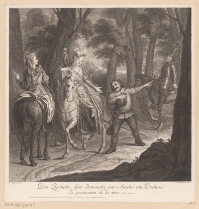 Don Quijote hace que Sancho pida permiso a la duquesa para verla Don Quijote fait demander par Sancho ala Duchesse ca permiso de la voir (título sobre objeto) Historia de Don Quijote de La Mancha (título de la serie) de Louis Surugue
