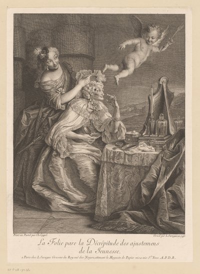 La dama de la corte ayuda a la anciana a camuflar los signos del envejecimiento La Folie pare la Décrépitude des settings de la Jeunesse (título sobre objeto) de Louis Surugue