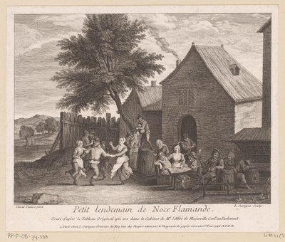 Escena de pueblo flamenco con compañía de fiesta frente a una posada Petit lendemain de noce Flamande (título sobre objeto) de Louis Surugue
