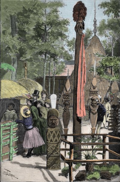 Exposición Universal 1889 - El pueblo canaco en la Explanada de los Inválidos (los canacos exhibidos durante la exposición: Zoo humano) - Dibujo de Louis Tinayre (1861-1942) - en 