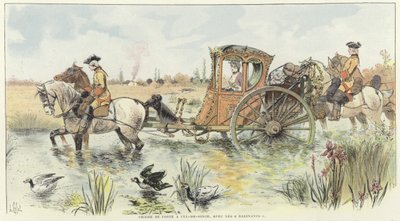 Una mujer viajando en un carruaje tirado por caballos a través de un río de Louis Vallet