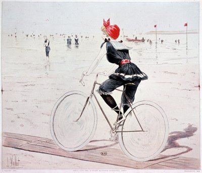 Mujer en bicicleta en la playa - dibujo de L. Vallet de Louis Vallet