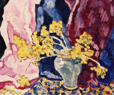 Jarrón azul, flores amarillas y cortinas, c.1938 (óleo sobre lienzo) de Louis Valtat