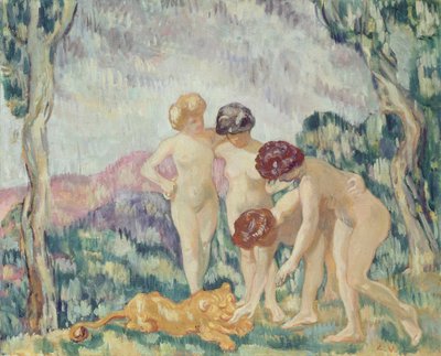 Niñas jugando con un cachorro de león, c.1905-06 (óleo sobre lienzo) de Louis Valtat