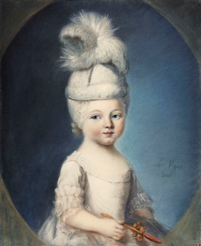 Retrato del Marqués de Fleury como un Infante con un Sombrero Acolchado, con una Pluma, Sosteniendo un Sonajero de Oro y Coral de Louis Vigee