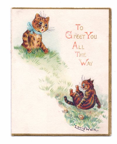 Tarjeta de felicitación victoriana de dos gatos, uno cayendo y el otro sorprendido, c.1880 de Louis Wain