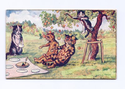 Tarjeta de felicitación victoriana de manzanas cayendo sobre dos gatos en un picnic, c.1880 de Louis Wain