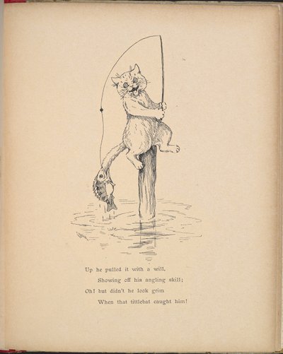 Un gato pescando con caña. de Louis Wain