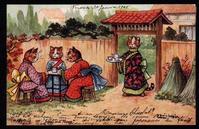 Animales en postura humana. Gato en kimono bebiendo té en un jardín japonés. Tarjeta postal. Cromolitografía de Louis Wain (1860-1939), artista inglés conocido por su representación de gatos con grandes ojos. Principios del siglo XX. Colección pr de Louis Wain