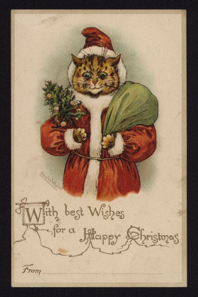 Gato como Santa Claus, tarjeta de felicitación navideña de Louis Wain