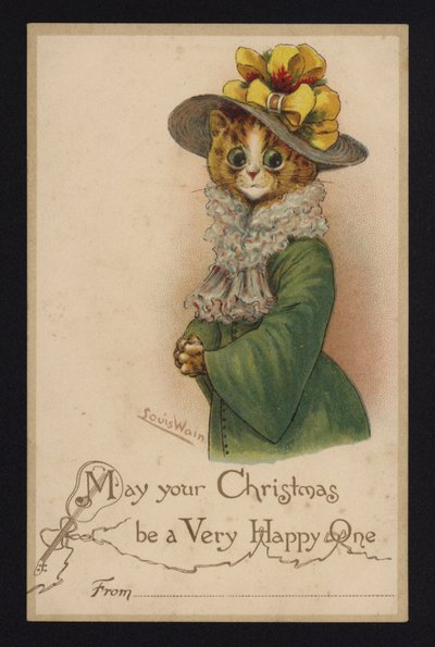Gato con sombrero y abrigo de mujer, tarjeta de felicitación navideña de Louis Wain
