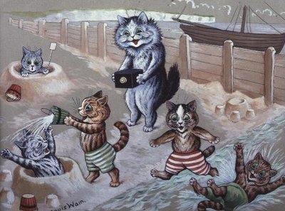 Gatos bañándose en el mar de Louis Wain