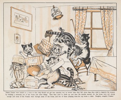 Gatos jugando con cajas en una habitación. de Louis Wain