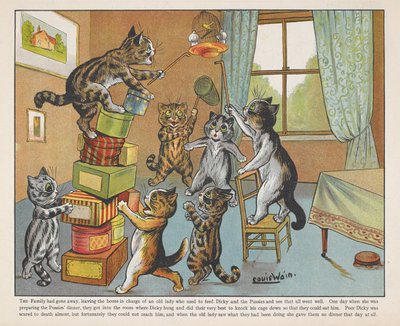 Gatos jugando con cajas en una habitación. de Louis Wain
