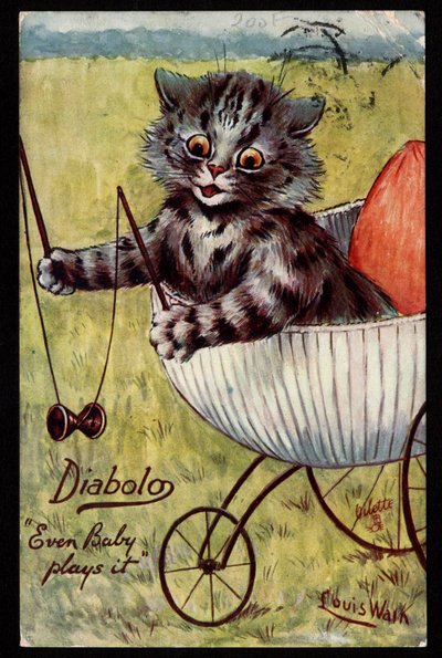 Diabolo. Incluso el bebé juega con él. Animales en postura humana. Gatito jugando con un diabolo en su cuna. Tarjeta postal. Cromolitografía de Louis Wain (1860-1939), artista inglés conocido por su representación de gatos con ojos grandes. Principios del  de Louis Wain