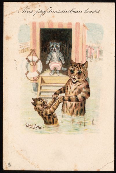 Nosotros disfrutamos del buen tiempo. Animales en postura humana. Baño de mar de gatos en vacaciones. Tarjeta postal. Cromolitografía de Louis Wain (1860-1939), artista inglés conocido por su representación de gatos con grandes ojos. Principios del siglo X de Louis Wain