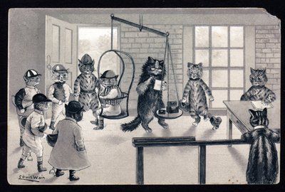 Nosotros disfrutamos del buen tiempo. Animales en postura humana. Gato en jockey pesándose en una balanza. Tarjeta postal. Cromolitografía de Louis Wain (1860-1939), artista inglés conocido por su representación de gatos con grandes ojos. Principios del si de Louis Wain