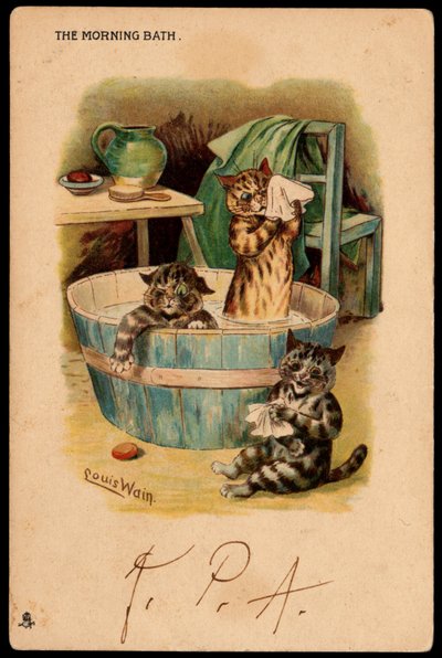 El baño matutino. Animales en postura humana. Gatos bañándose en una palangana. Tarjeta postal. Cromolitografía de Louis Wain (1860-1939), artista inglés conocido por su representación de gatos con ojos grandes. Principios del siglo XX. Colección de Louis Wain